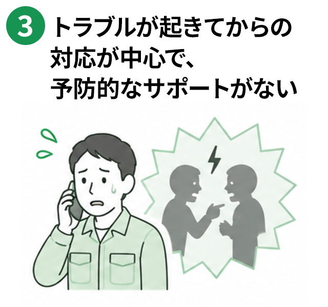 トラブルが起きてからの対応が中心で、予防的なサポートがない